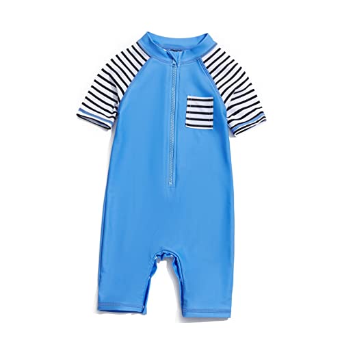 ADAVERANO Baby Jungen Sonnenanzüge UV50+ Badebeklideung EIN-Stück mit kurzen Sleeves mit Sonne Hut.(Blaue Tasche,86-92Cm) von ADAVERANO