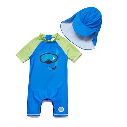 ADAVERANO Baby Jungen Sonnenanzüge UV50+ Badebeklideung EIN-Stück mit kurzen Sleeves mit Sonne Hut.(Die Taucherbrille,80-86Cm) von ADAVERANO