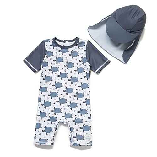 ADAVERANO Baby Jungen Sonnenanzüge UV50+ Badebeklideung EIN-Stück mit kurzen Sleeves mit Sonne Hut.(Die graue Schildkröte,62-68Cm) von ADAVERANO