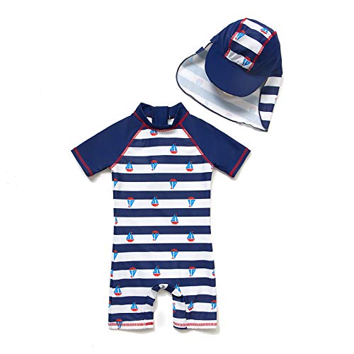 ADAVERANO Baby Jungen Sonnenanzüge UV50+ Badebeklideung EIN-Stück mit kurzen Sleeves mit Sonne Hut.(Kleines Segelboot,86-92Cm) von ADAVERANO