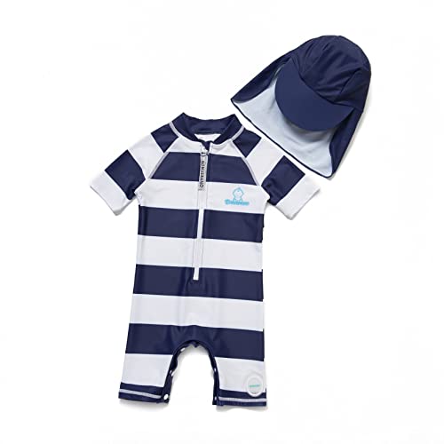 ADAVERANO Baby Jungen Sonnenanzüge UV50+ Badebeklideung EIN-Stück mit kurzen Sleeves mit Sonne Hut.(Kurze Ärmel mit Streifen,62-68Cm) von ADAVERANO