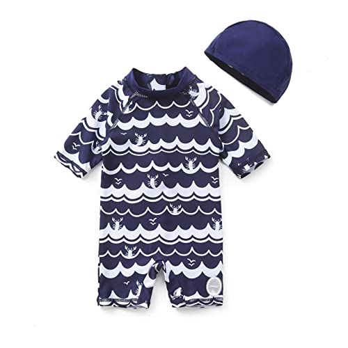 ADAVERANO Baby Jungen Sonnenanzüge UV50+ Badebeklideung EIN-Stück mit kurzen Sleeves mit Sonne Hut.(The Wave,80-86Cm) von ADAVERANO