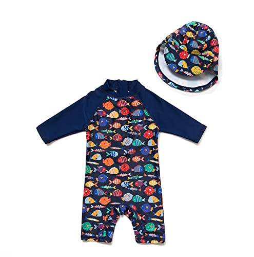 ADAVERANO Baby Jungen Sonnenanzüge UV50+ Badebeklideung Wimsuit Mit Sonnenhut.(Der Bunte Fisch,86-92Cm) von ADAVERANO