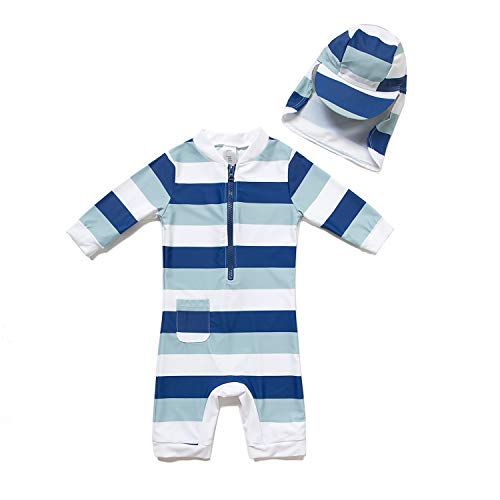 ADAVERANO Baby Jungen Sonnenanzüge UV50+ Badebeklideung Wimsuit Mit Sonnenhut.(Taschen mit Streifen,74-80Cm) von ADAVERANO