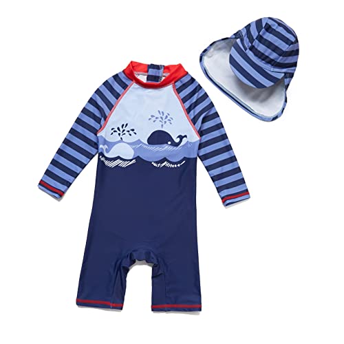 ADAVERANO Baby Jungen Sonnenanzüge UV50+ Badebeklideung Wimsuit Mit Sonnenhut.(Wale im Meer,62-68Cm) von ADAVERANO