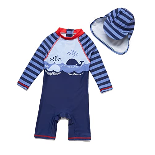 ADAVERANO Baby Jungen Sonnenanzüge UV50+ Badebeklideung Wimsuit Mit Sonnenhut.(Wale im Meer,92-98Cm) von ADAVERANO