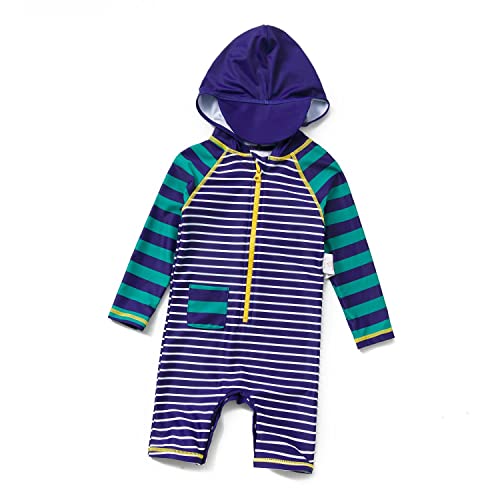 ADAVERANO Baby Jungen Sonnenanzüge UV50+ In einem Stück Reißverschluss vorne Badebeklideung MIT Kapuze.(Streifen Grüne,98-104Cm) von ADAVERANO