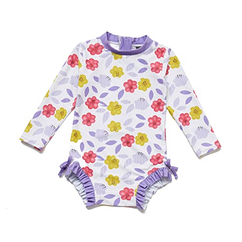 ADAVERANO Baby Mädchen Einteiliger Rashguard UV 50+ Sonnenschutz Lange ärmel Reißverschlüsse Badeanzug mit Sonnenhut.(Die lila blüte,86-92Cm) von ADAVERANO