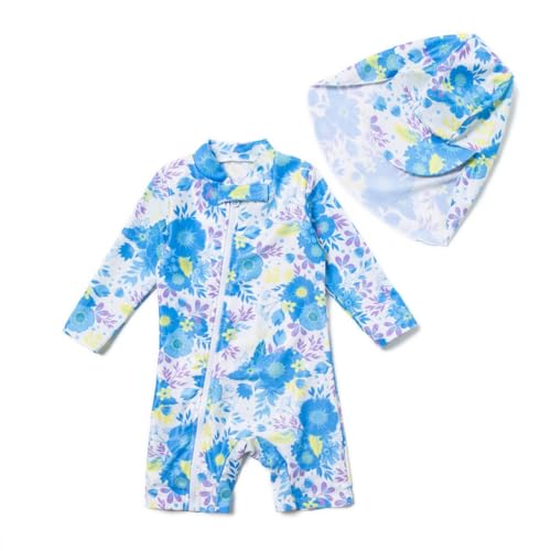 ADAVERANO Baby Mädchen Repreve® Recycelter Badeanzug/Sonnenanzug UPF 50+ Einteiliger Ganzlängen-Reißverschluss mit Kappe.(Blaue Blüten,68-74cm) von ADAVERANO