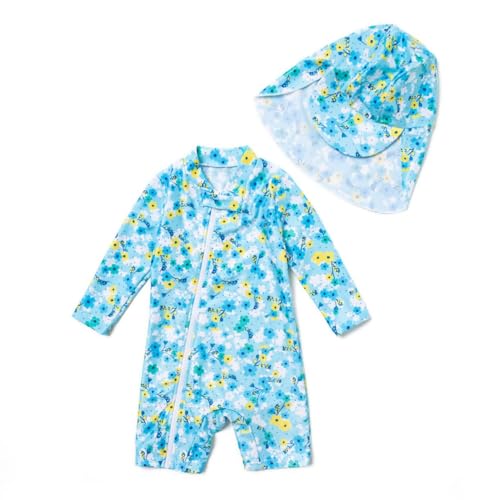 ADAVERANO Baby Mädchen Repreve® Recycelter Badeanzug/Sonnenanzug UPF 50+ Einteiliger Ganzlängen-Reißverschluss mit Kappe.(Gelbe Blüten,80-86cm) von ADAVERANO