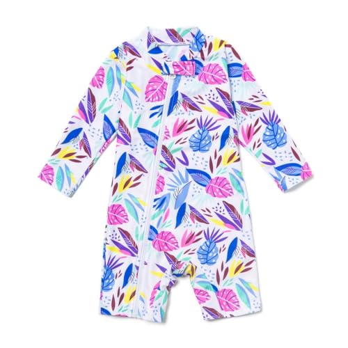ADAVERANO Baby Mädchen Repreve® Recycelter Badeanzug/Sonnenanzug UPF 50+ Einteiliger Ganzlängen-Reißverschluss mit Kappe.(Rosa Blätter,92-98cm) von ADAVERANO
