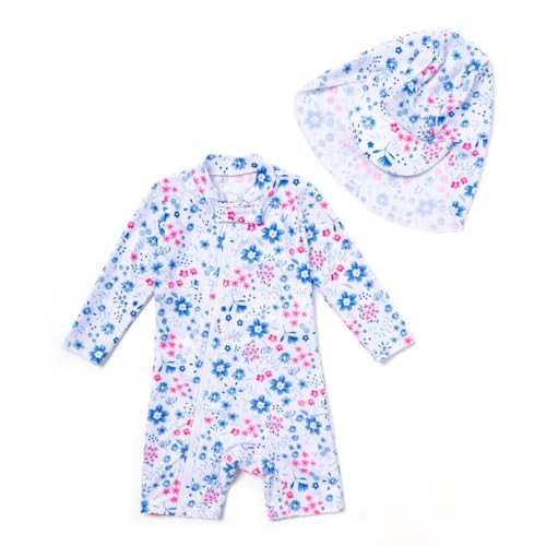 ADAVERANO Baby Mädchen Repreve® Recycelter Badeanzug/Sonnenanzug UPF 50+ Einteiliger Ganzlängen-Reißverschluss mit Kappe.(Rosa Blüten,80-86cm) von ADAVERANO