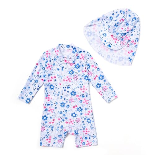 ADAVERANO Baby Mädchen Repreve® Recycelter Badeanzug/Sonnenanzug UPF 50+ Einteiliger Ganzlängen-Reißverschluss mit Kappe.(Rosa Blüten,86-92cm) von ADAVERANO