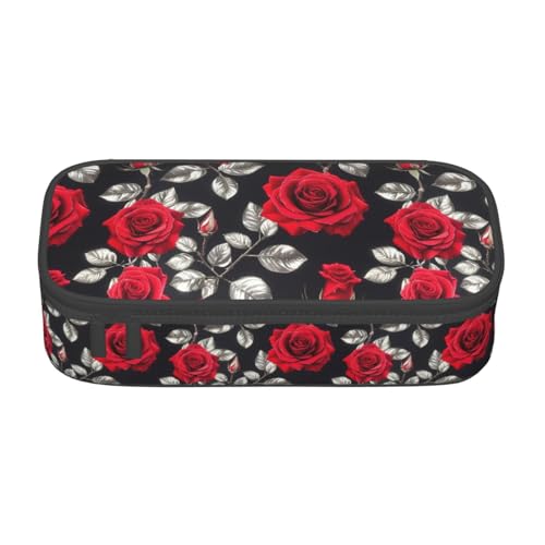 ADAhgu Federmäppchen mit rotem Rosen-Garten-Druck, großes Federmäppchen, Stiftetasche, Schulbedarf, Reisen, Studenten, Profis von ADAhgu