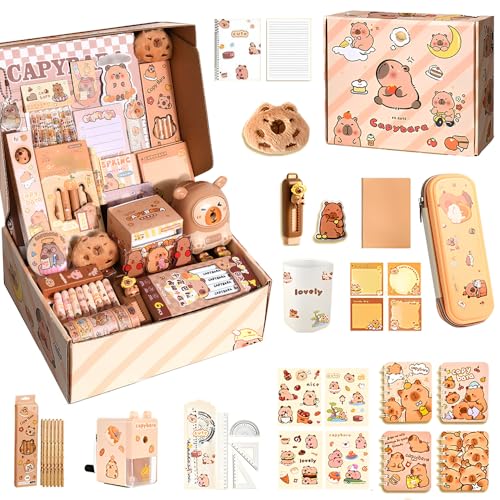 ADDLIVE Capybara Schreibwaren-Set, Capybara-Federmäppchen, ästhetisches Capybara-Schreibwaren-Set mit Stiften, Capybara-Aufklebern, Linealen und mehr, niedliches Schreibwaren-Geschenkset für Kinder von ADDLIVE