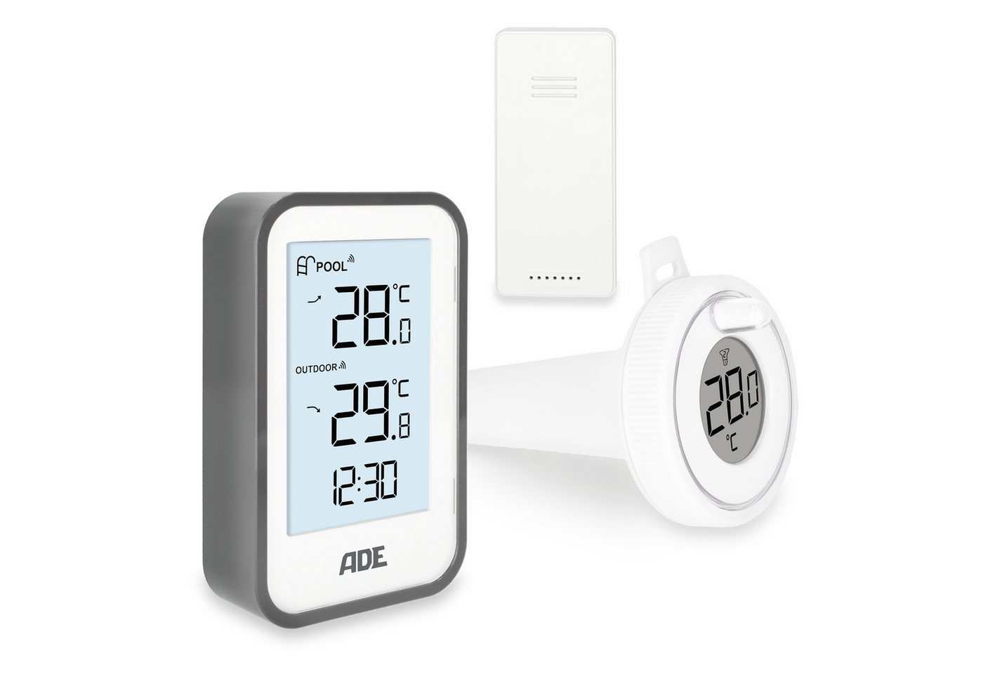 ADE Badethermometer Poolthermometer Funk mit Außensensor, wasserdicht nach IP67, -40 - 60° C, +/- 1° C präzise, 60 m Reichweite von ADE