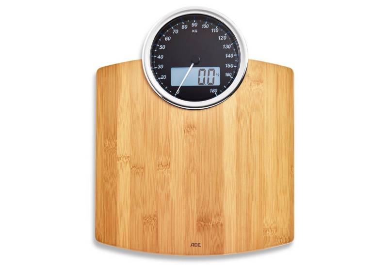 ADE Personenwaage Körperwaage mit Dual-Display: digital und analog, Wiegefläche aus echtem Bambusholz, bis 180 kg von ADE