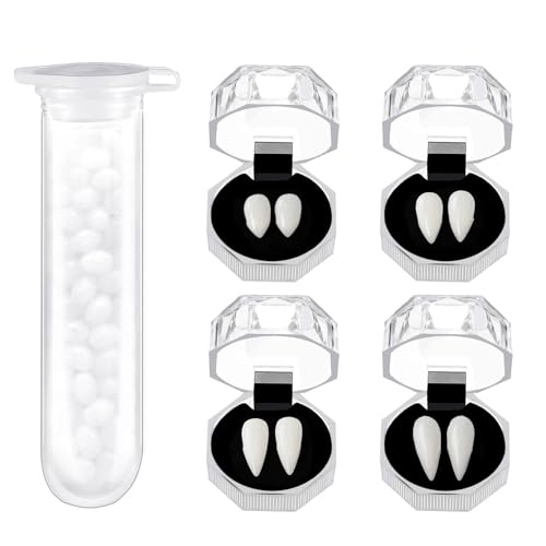 5 Pieces Vampire Cosplay Fangs, Vampir Fangs Kit 4 Größen Vampirzähne with 1 Röhrenförmigen Zahnpartikeln für Halloween Cosplay Party Dress Up Gefälschte Zahnersatz Prop Kleber von ADELGO