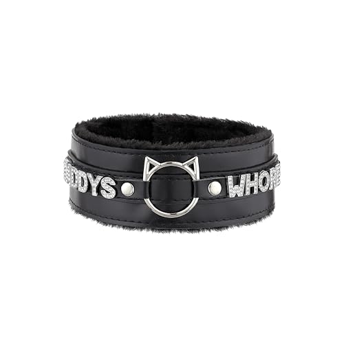 ADEMISHIA Handgefertigter Halsreif für Frauen – Katzenohr-O-Ring Punk Goth Buchstaben-Choker, schwarz/rosa pelziger Alt Modeschmuck (DADDY, Schwarz) von ADEMISHIA