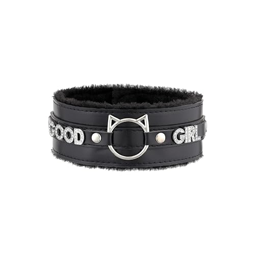 ADEMISHIA Handgefertigter Halsreif für Frauen – Katzenohr-O-Ring Punk Goth Buchstaben-Choker, schwarz/rosa pelziger Alt Modeschmuck (GOOD, Schwarz) von ADEMISHIA