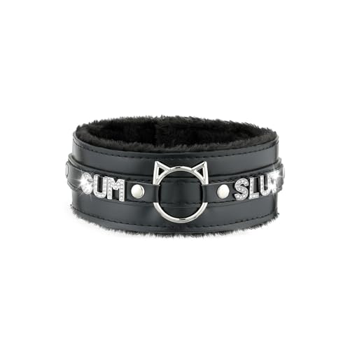 ADEMISHIA Handgefertigter Halsreif für Frauen – Katzenohr-O-Ring Punk Goth Buchstaben-Choker, schwarz/rosa pelziger Alt Modeschmuck (SLU, Schwarz) von ADEMISHIA