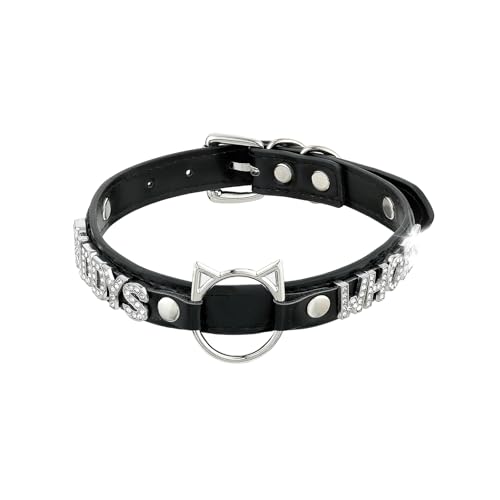 ADEMISHIA Schwarzes O-Ring-Halsband für Damen, rosafarbenes veganes Leder, Choker-Halskette mit Katzenförmigem Ring und Strass-Buchstaben, Kunstleder, Kein Edelstein (DADDY, Schwarz) von ADEMISHIA