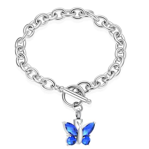 ADENLA Einäscherung Schmuck Kristall Schmetterling Urne Armband für Asche Edelstahl Andenken Memorial Menschliche Asche Schmuck für Frauen Männer-blau von ADENLA