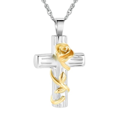 ADENLA Gedenkschmuck Urnenkette mit Kreuz und Rosenanhänger, Gravur für Tierasche, Edelstahl, Geschenk für Damen, Einäscherung, Andenken, Gelb ADENLA Gedenkschmuck Urnenkette mit Kreuz und Rosenanhänger, Gravur für Tierasche, Edelstahl, Geschenk für Damen, Einäscherung, Andenken, Gelb von ADENLA