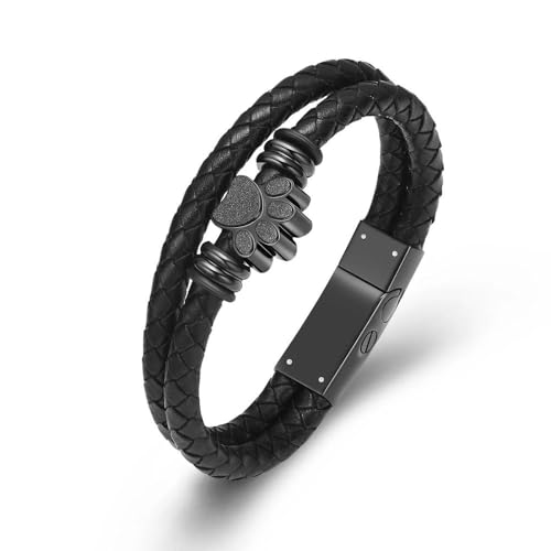 ADENLA Haustier-Einäscherungsschmuck, Hundepfoten-Urnenarmband für Asche, geflochtenes Leder-Gedenkarmband, Urnenmedaillon, Andenken-Armreif für Männer, Schwarz, 24 cm von ADENLA