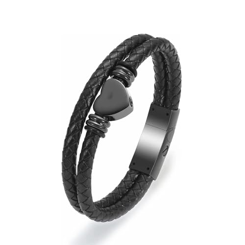ADENLA Herz Einäscherung Schmuck Geflochtenes Leder Urne Armband für Asche Edelstahl Andenken Memorial Asche Armband für Männer Frauen-schwarz-24cm von ADENLA