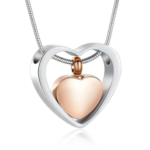 ADENLA Herz-Einäscherungsschmuck, Doppelherz-Urnenkette für Asche, für Frauen und Männer, Asche-Andenken, Gedenkschmuck, Silber/Roségold von ADENLA