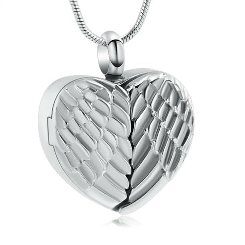 ADENLA Herz-Urnen-Halskette für Asche, Engelsflügel-Einäscherungsschmuck, Gedenkanhänger für die Asche von Menschen und Haustieren, Andenken-Halskette für Frauen und Männer, Stahl von ADENLA