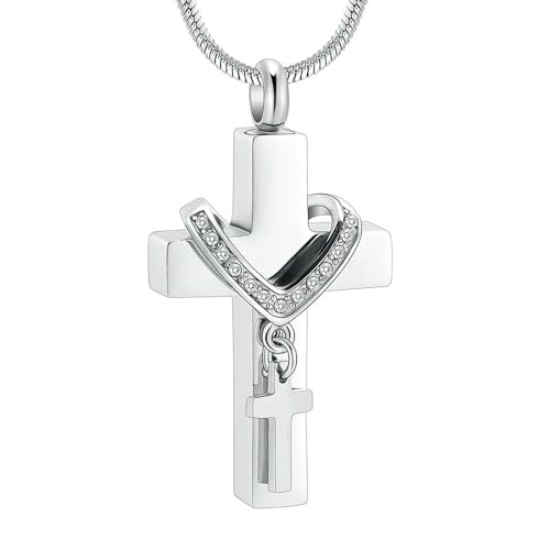 ADENLA Kreuz-Urne-Halskette für Asche aus Edelstahl, für Frauen und Männer, Andenken-Anhänger, Schmuck, Silber von ADENLA