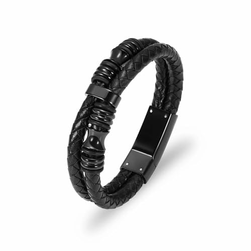 ADENLA Lederarmband für Herren, Charm, Edelstahl, mehrschichtig, geflochtenes Seil, Urne, Geschenkbox, schwarz, 18 cm von ADENLA