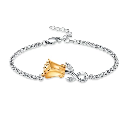 ADENLA Rosenblume Urne Armband für Asche Einäscherung Schmuck Edelstahl Andenken Schmuck Memorial Asche Armband Schmuck für Männer Frauen-gold von ADENLA