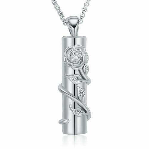 ADENLA Urnen-Halskette mit Rosenblüte für Asche, für Männer und Frauen, Einäscherungsschmuck, Zylinder-Asche-Anhänger, Andenken-Medaillons aus Edelstahl, Silber von ADENLA