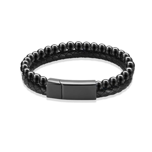 ADENLA Urnenarmband für Asche, für Damen und Herren, Perlen, Manschettenarmreif, geflochtenes Lederarmband, Gedenkarmreif, Schwarz, 24 cm von ADENLA