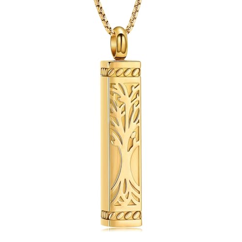 ADENLA Urnenschmuck für die Einäscherung, Würfel-Halskette mit Lebensbaum-Anhänger, Medaillons für Asche, Andenkenschmuck für Frauen und Männer, Gold von ADENLA
