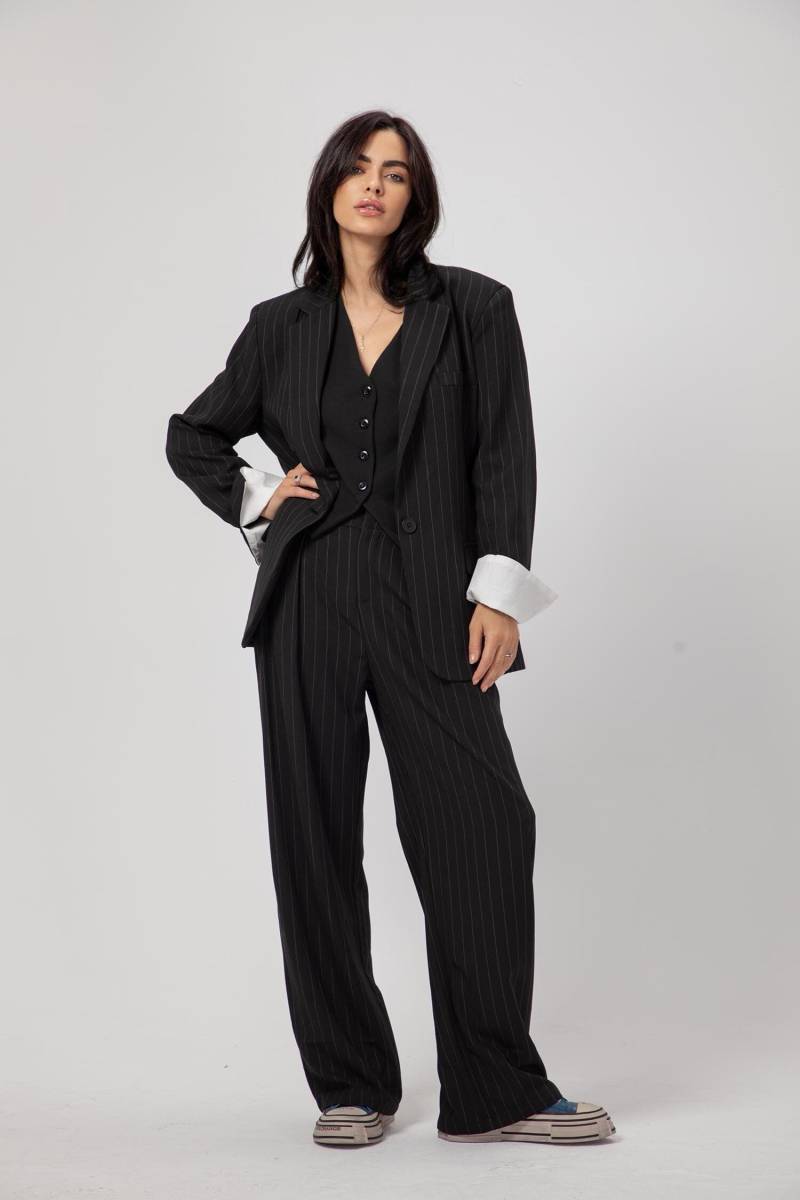 Schwarzer Nadelstreifen-Blazer Polyviskose Langarm-Blazer von ADEPTT