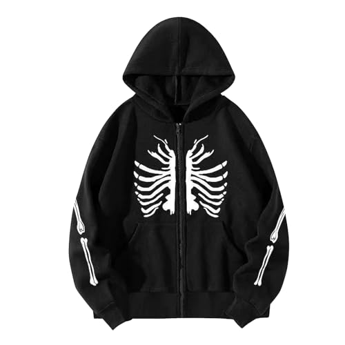 ADERN Skelett Hoodie | Y2k Jacke Grafik Zip Up Pullover Sweatshirt | Hip Hop Übergroße Grafik-Hoodies | Gothic Hoodie Lässiges Sweatshirt | Jacke Goth Punk 90er Jahre Pullover Streetwear von ADERN