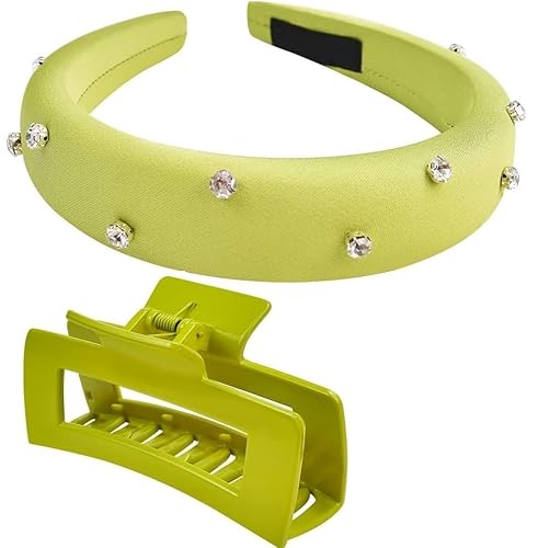 ADERTOS Haarreifen Damen Stirnband Satin Kopfband mit Strasssteinen Grün Breit Haarband Modische Haarreifen und Haarspang Rechteckige Haarklammern Kopfschmuck für Frauen und Mädchen von ADERTOS