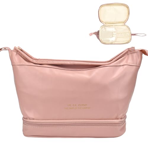 ADERTOS Kosmetiktasche wasserdichte Make up Tasche Doppelschicht PU Cosmetic Bag Tragbare Make Up Organizer Kulturbeutel Rosa Schminktasche Waschtasche für Reisen Unterwegs Mädchen Damen von ADERTOS
