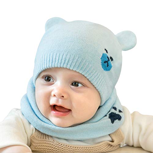 ADESUGATA Baby Kinder Winter Warm Gestrickter Mütze Schal Sets,Kleinkind Kinder Warme Beanie Mütze Weiche Baumwollkaps Schals Hüte für Baby Mädchen Jungen Säuglings Kinder 0-36 Monate (Blau) von ADESUGATA