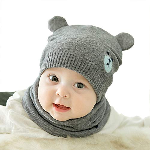 ADESUGATA Baby Kinder Winter Warm Gestrickter Mütze Schal Sets,Kleinkind Kinder Warme Beanie Mütze Weiche Baumwollkaps Schals Hüte für Baby Mädchen Jungen Säuglings Kinder 0-36 Monate (Grau) von ADESUGATA