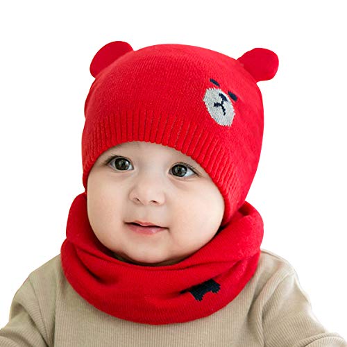 ADESUGATA Baby Kinder Winter Warm Gestrickter Mütze Schal Sets,Kleinkind Kinder Warme Beanie Mütze Weiche Baumwollkaps Schals Hüte für Baby Mädchen Jungen Säuglings Kinder 0-36 Monate (Rot) von ADESUGATA