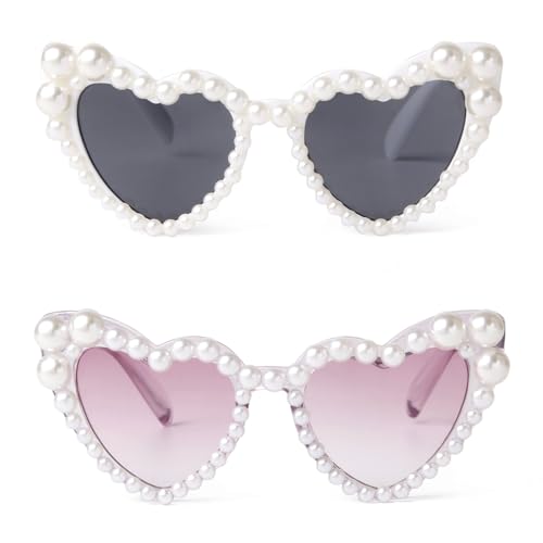 ADE WU Heart Sunglaskses Kinder-Sonnenbrille in Herzform mit Perlen für Mädchen im Alter von 3–8 Jahren, 2 Packungen: Weiß und Violett, 45 mm von ADEWU