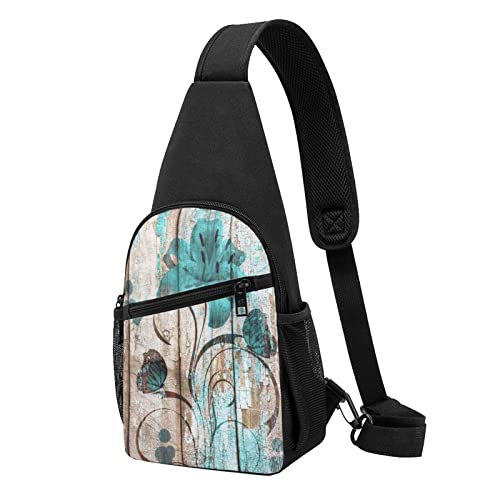 Blaugrün Blume Auf Holzplanke Casual Eine Schulter Kreuz Körper Brust Tasche Brieftasche Telefon Tasche Männer Crossbody Tasche Reise Walking Taille Tasche, Schwarz , Einheitsgröße von ADFSHIDS