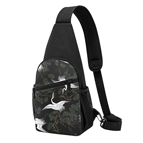 Japanische Kran & Kiefer Casual Eine Schulter Kreuz Körper Brust Tasche Brieftasche Telefon Tasche Herren Crossbody Tasche Reise Walking Taille Tasche, Schwarz , Einheitsgröße von ADFSHIDS