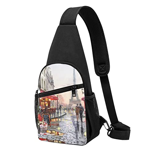 Ölgemälde Paris Straßenszene Eiffelturm Lässig Eine Schulter Kreuz Körper Brust Tasche Brieftasche Telefon Tasche Herren Crossbody Tasche Reise Wandern Taille Tasche, Schwarz , Einheitsgröße von ADFSHIDS