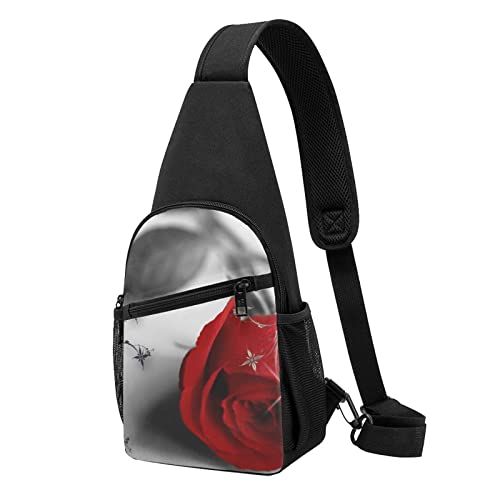 Rote Rose Lässige Eine Schulter Kreuz Körper Brust Tasche Brieftasche Telefon Tasche Männer Crossbody Tasche Reise Walking Taille Tasche, Schwarz , Einheitsgröße von ADFSHIDS